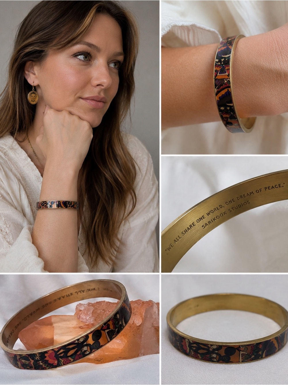 Vintage Sarikook Studios Enamel Brass Bangle. We all share one world, one dream